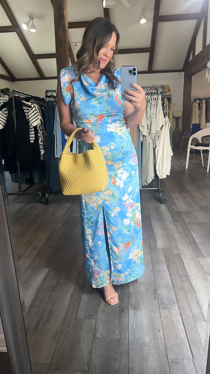 Sky Summer Satin Floral Tie Shoulder Dress