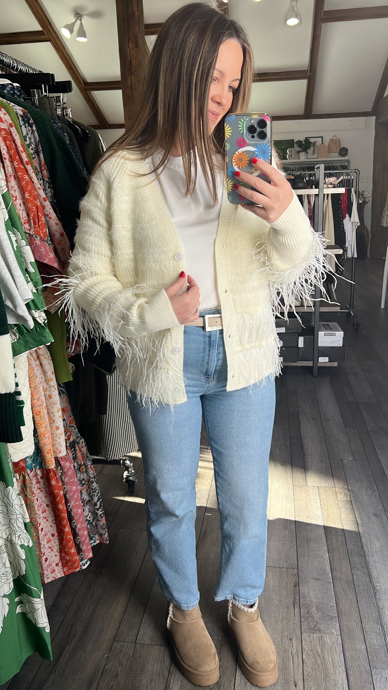 Feather Trim Cardigan- 30%wool – Blush