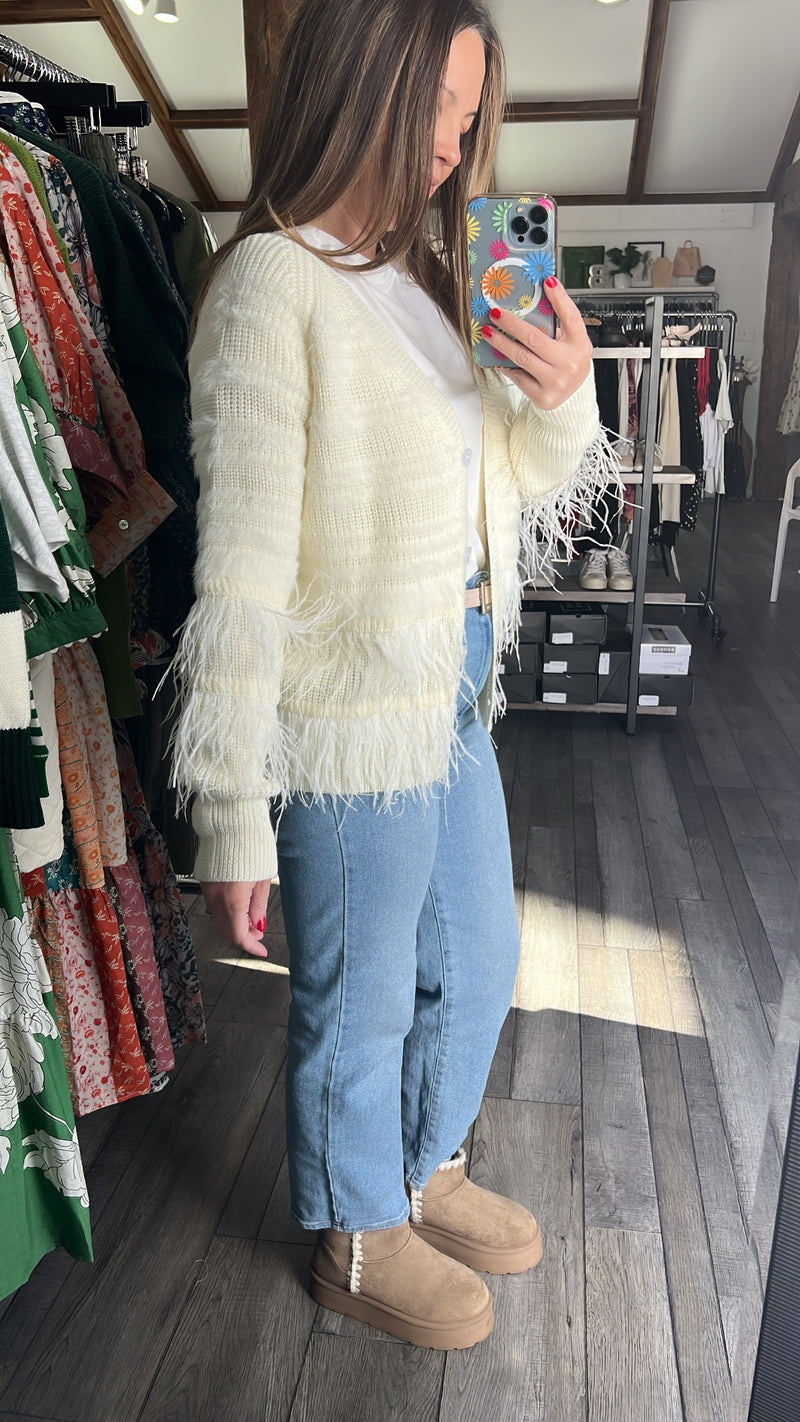 Feather Trim Cardigan- 30%wool