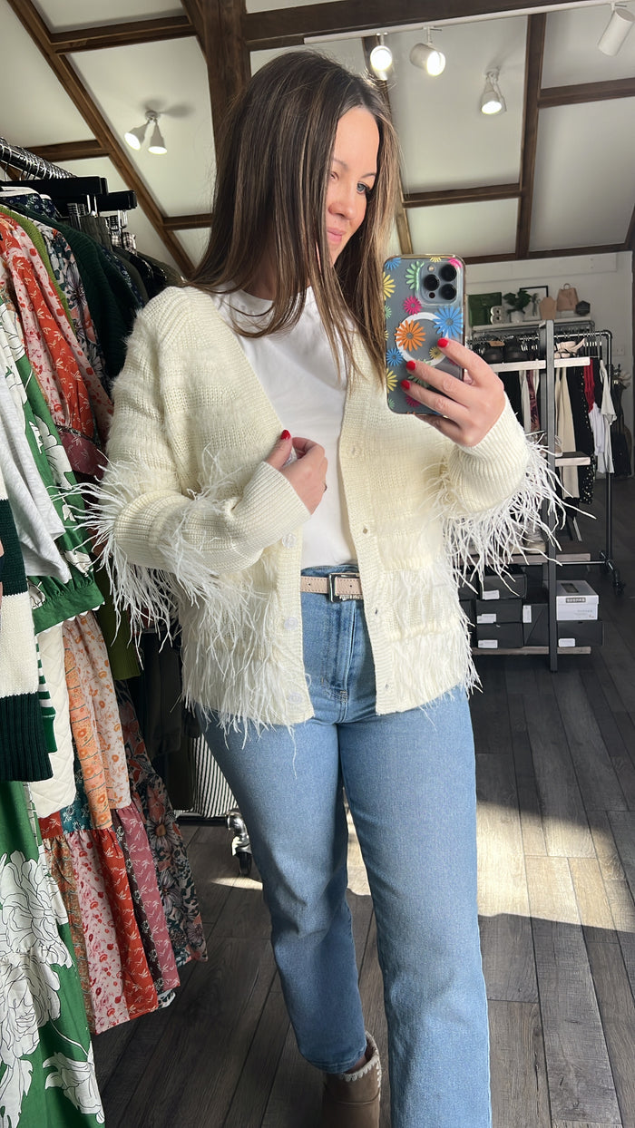 Feather Trim Cardigan- 30%wool