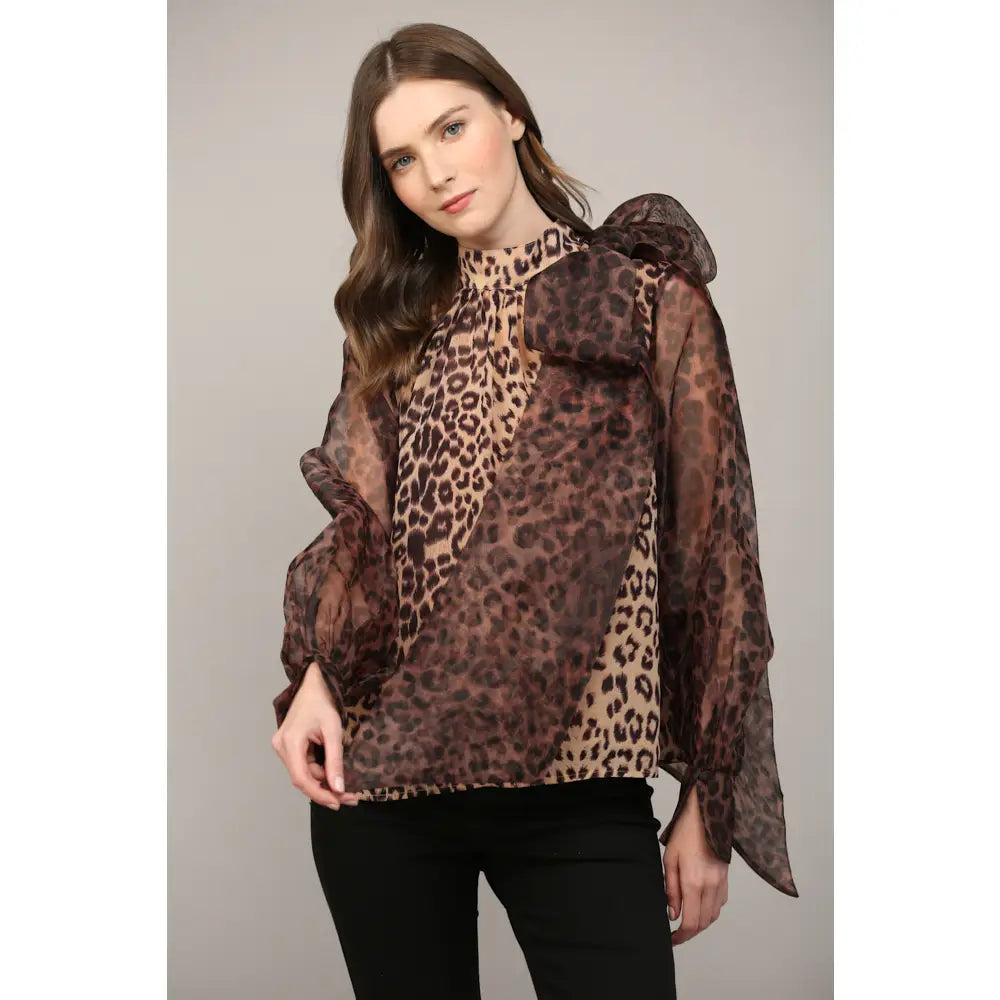 Leopard Print Sheer Bow Tie Detail Blouse