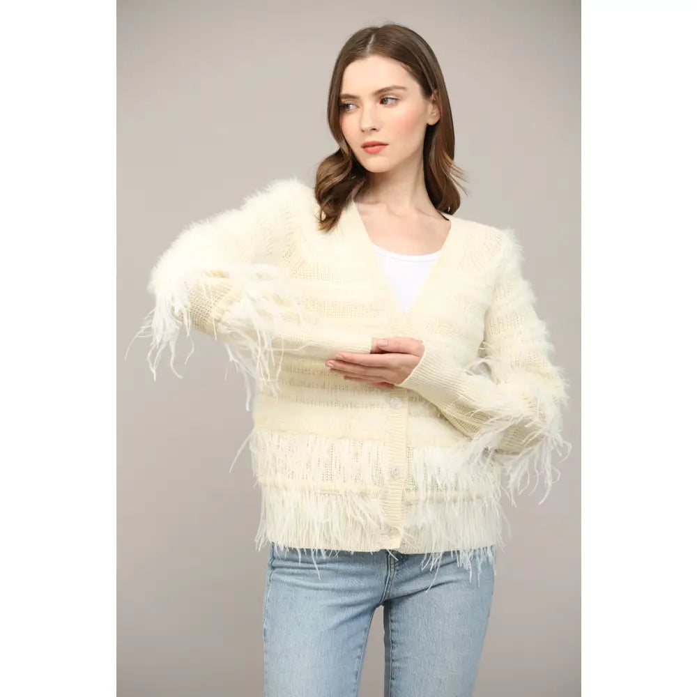 Feather Trim Cardigan- 30%wool