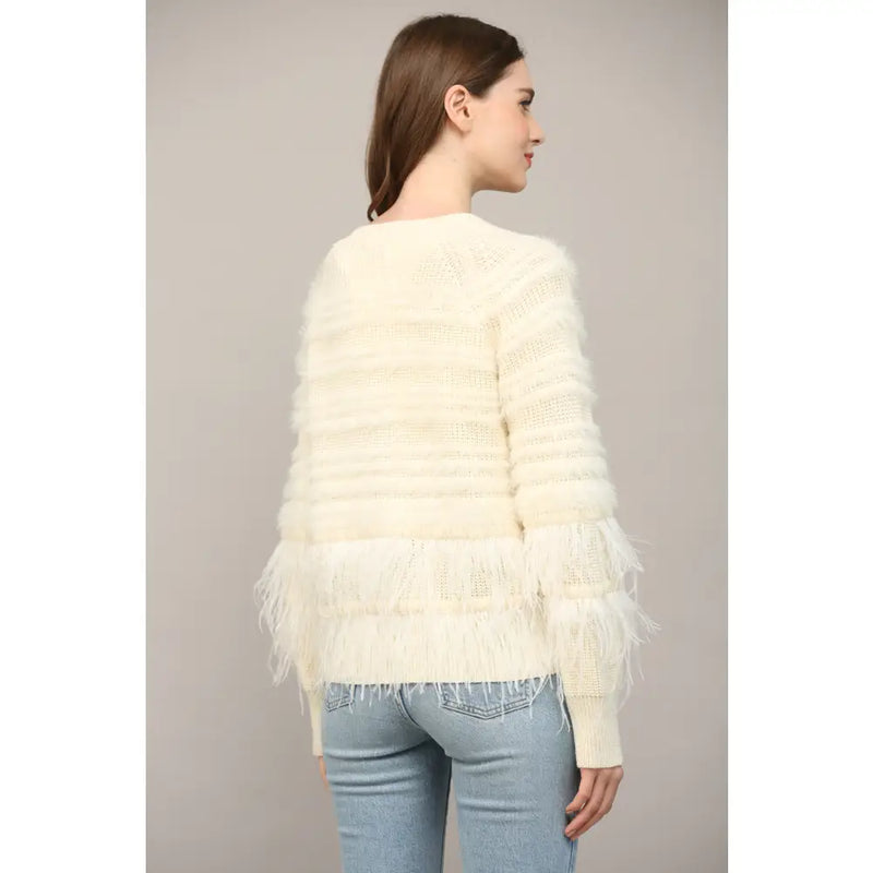 Feather Trim Cardigan- 30%wool