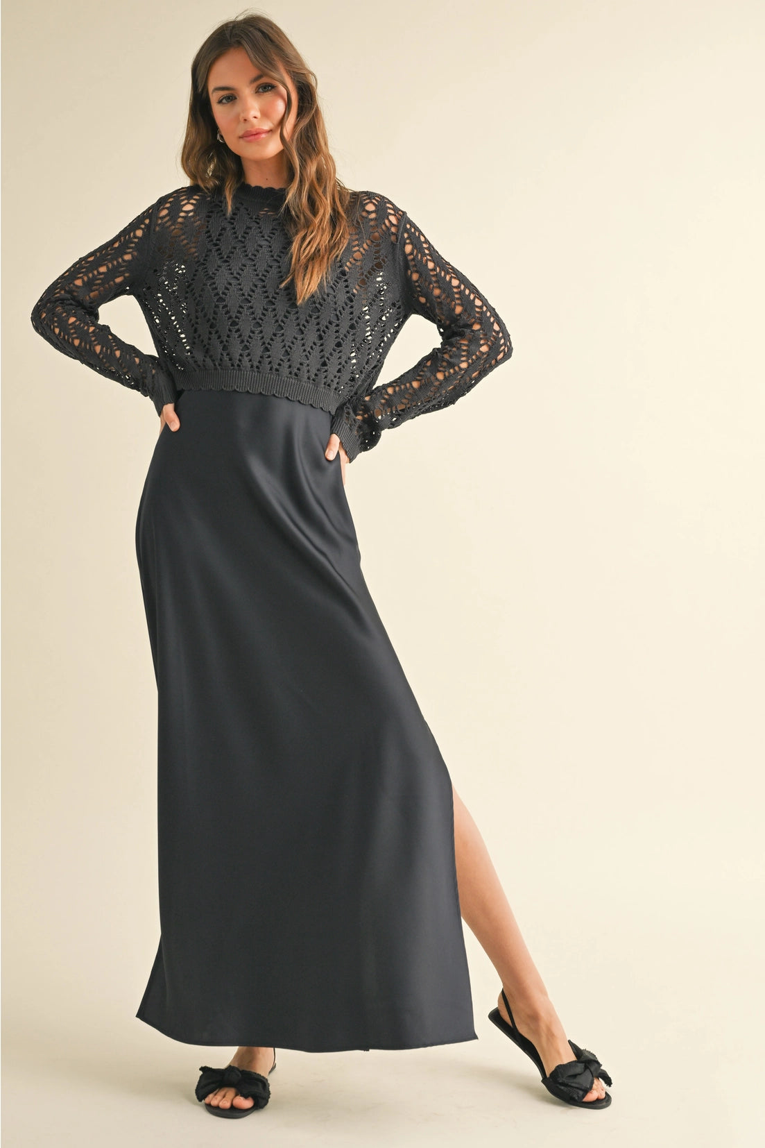 Navy Satin Slip Dress with Crochet Top