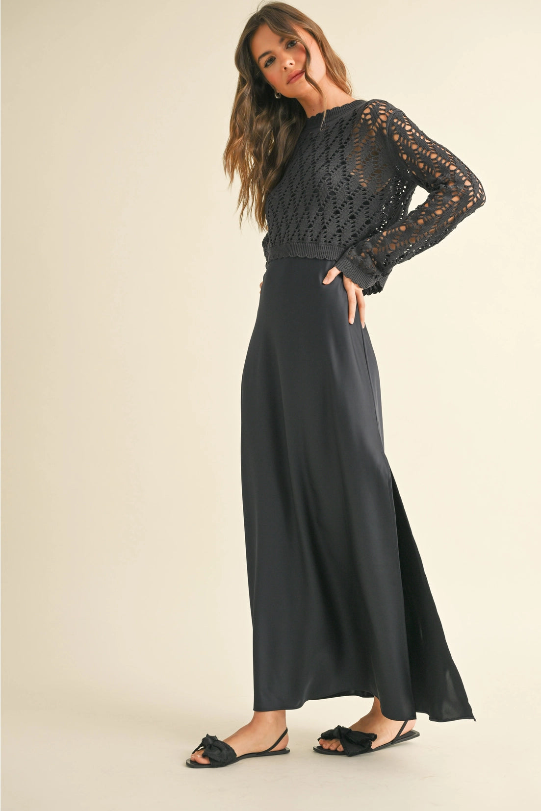 Navy Satin Slip Dress with Crochet Top