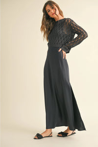 Navy Satin Slip Dress with Crochet Top