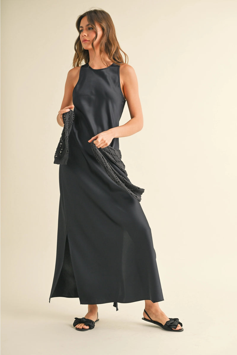 Navy Satin Slip Dress with Crochet Top – Blush