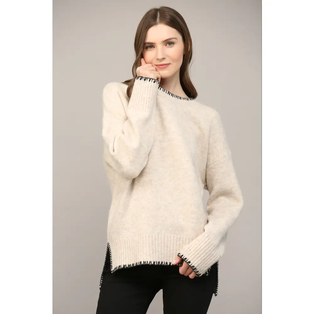 Oatmeal Top Stitch Detail Sweater