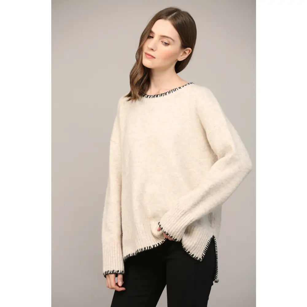 Oatmeal Top Stitch Detail Sweater