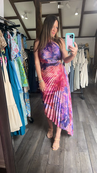 Fresco Floral One Shoulder Pleated Dress