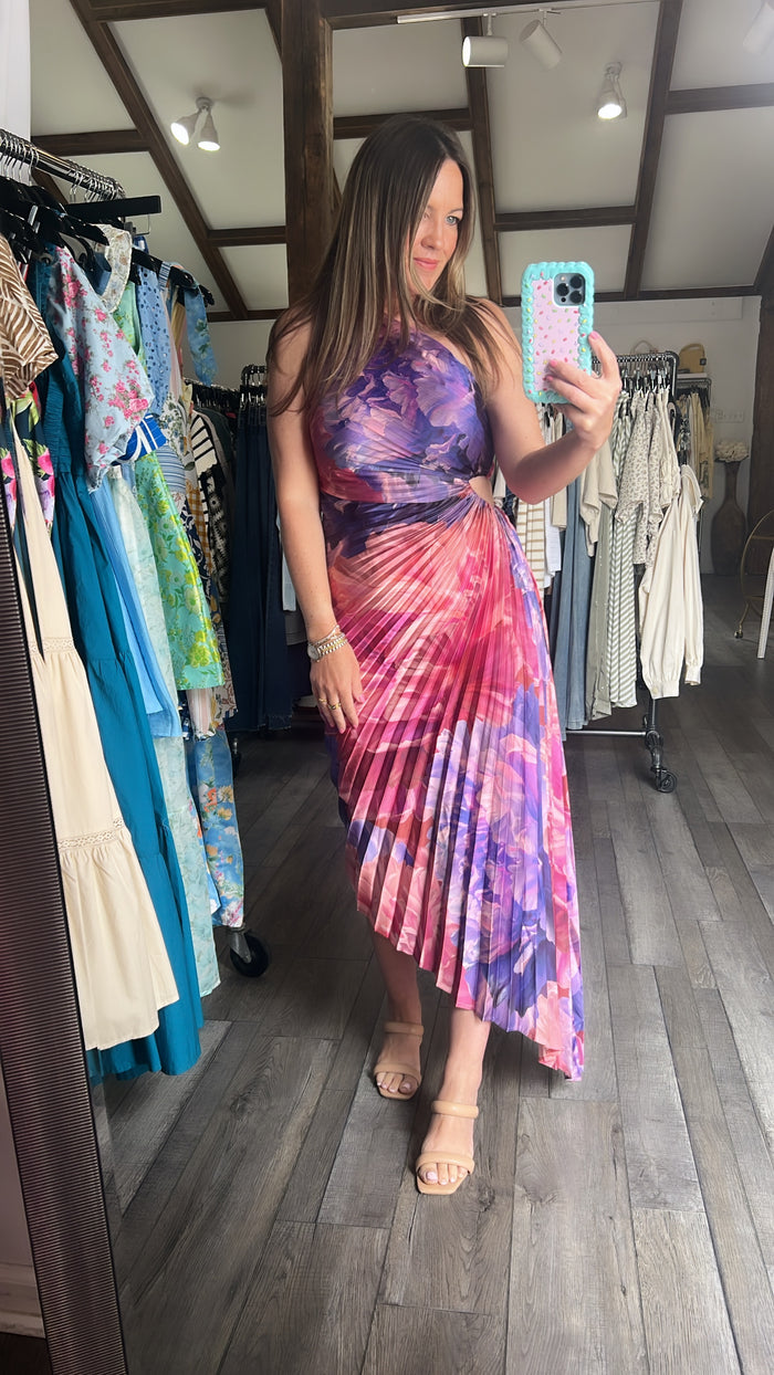 Fresco Floral One Shoulder Pleated Dress