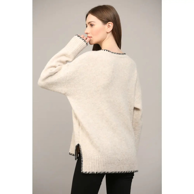 Oatmeal Top Stitch Detail Sweater