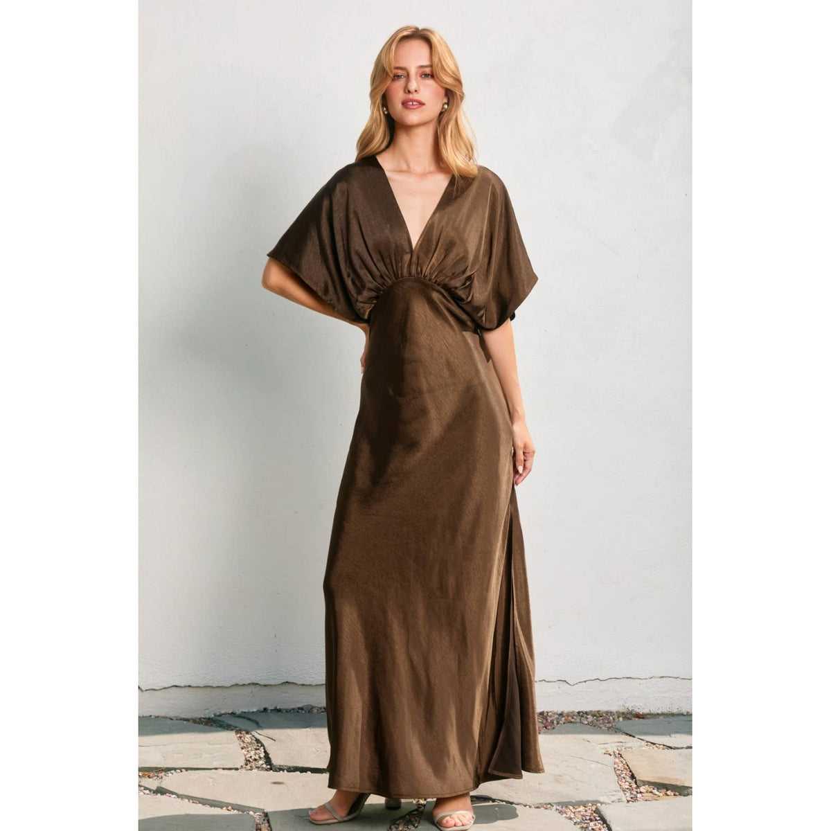 Chocolate Goddess Satin Blouson Maxi Dress