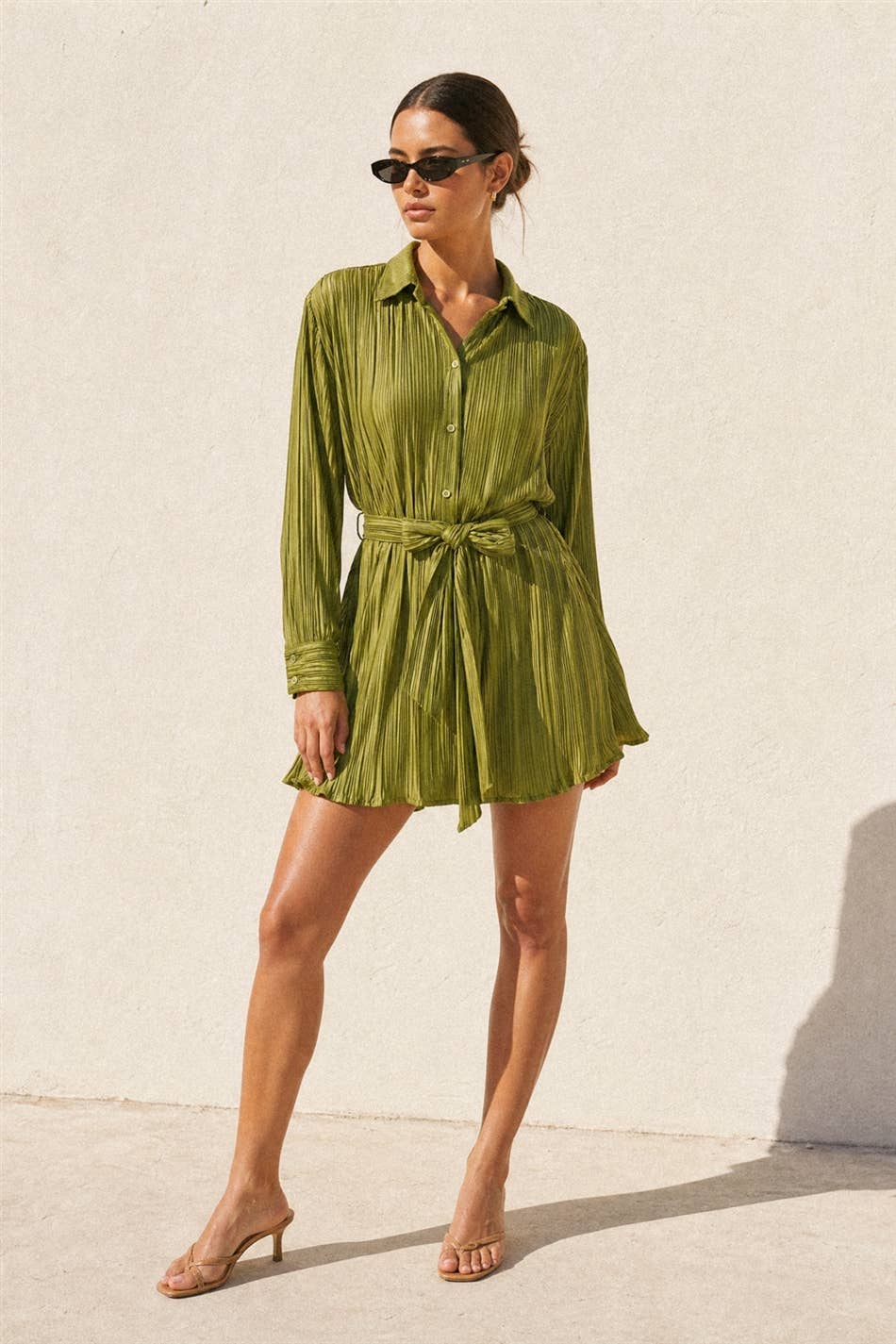 Olive Micro Pleat Tie Waist Mini Dress