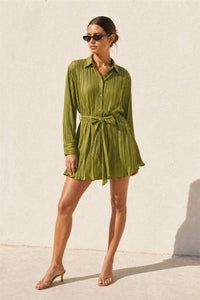 Olive Micro Pleat Tie Waist Mini Dress