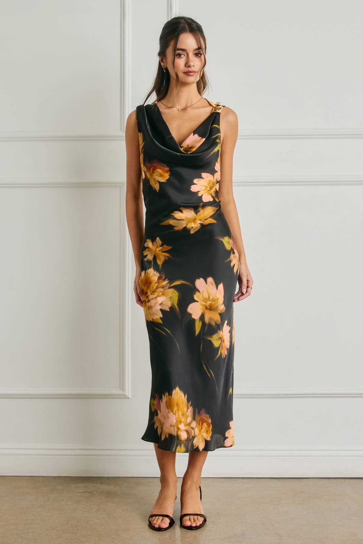 Nightfall Bloom Cowl Ruched Dress