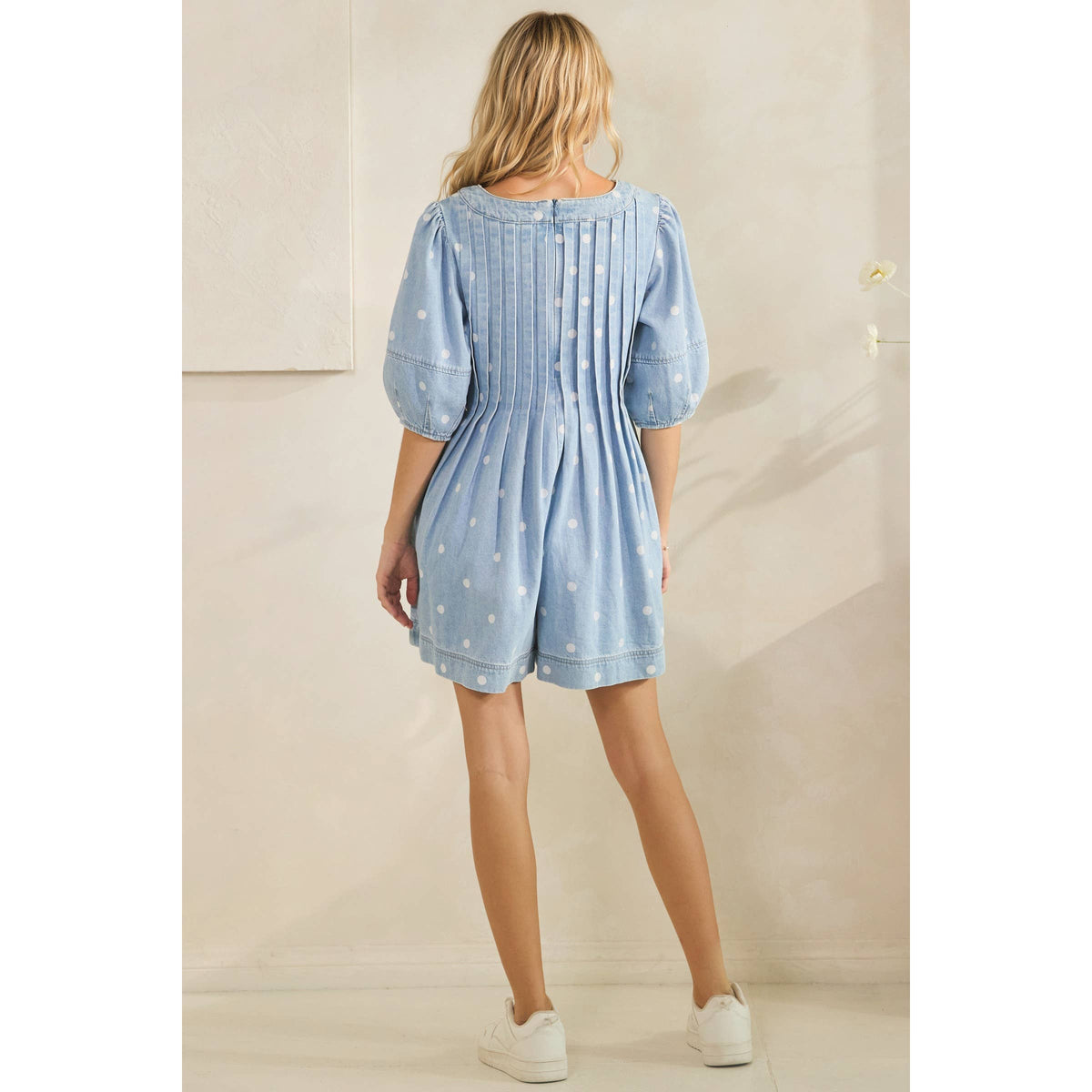 Polka Dot Pleated Denim Romper