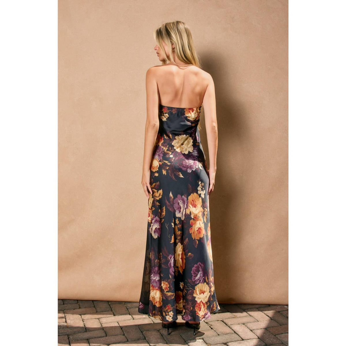 Nightfall Floral Strapless Bias Cut Maxi Dress