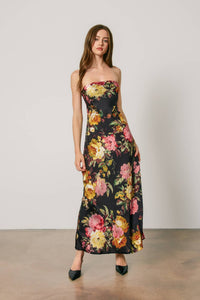 Nightfall Floral Strapless Bias Cut Maxi Dress