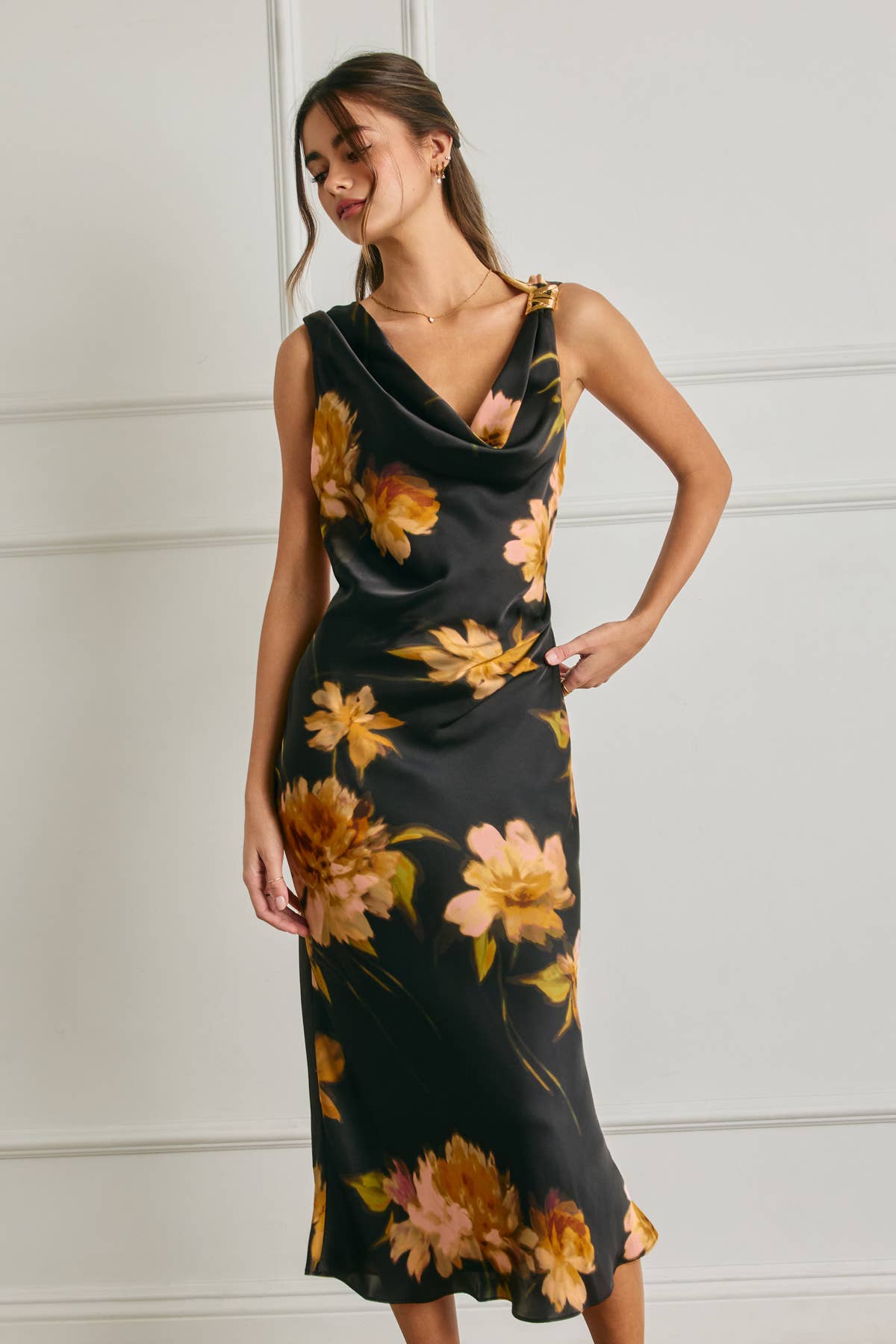Nightfall Bloom Cowl Ruched Dress