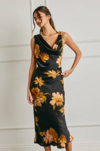 Nightfall Bloom Cowl Ruched Dress