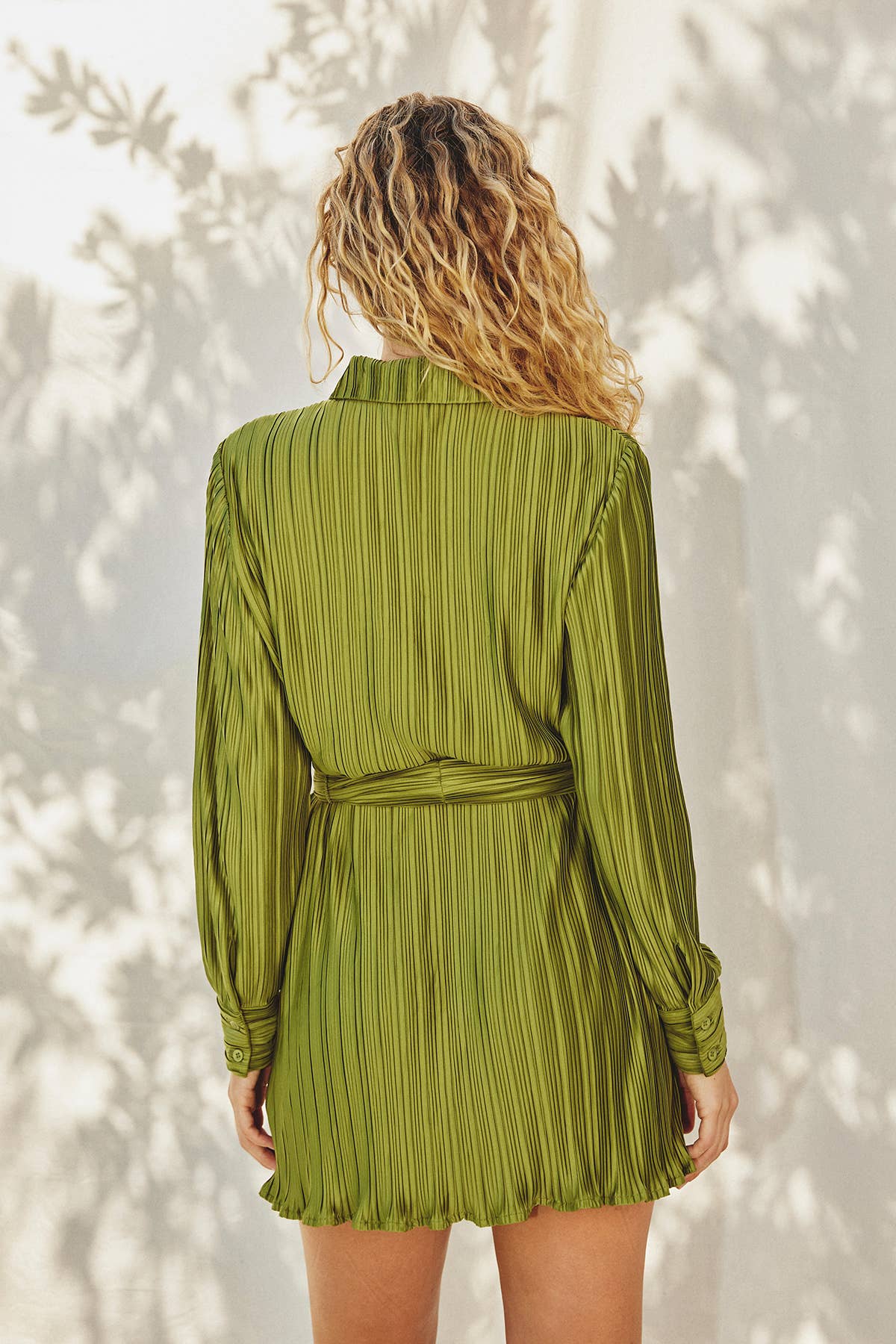 Olive Micro Pleat Tie Waist Mini Dress