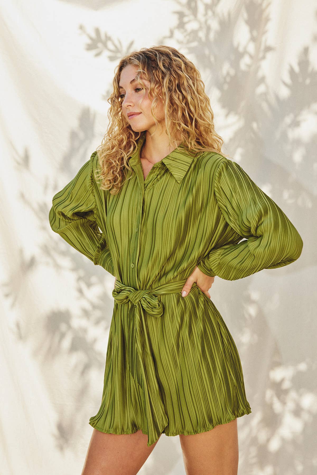 Olive Micro Pleat Tie Waist Mini Dress