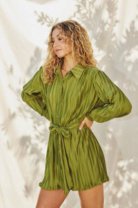 Olive Micro Pleat Tie Waist Mini Dress
