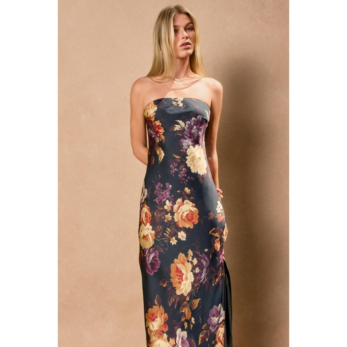 Nightfall Floral Strapless Bias Cut Maxi Dress