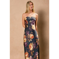 Nightfall Floral Strapless Bias Cut Maxi Dress