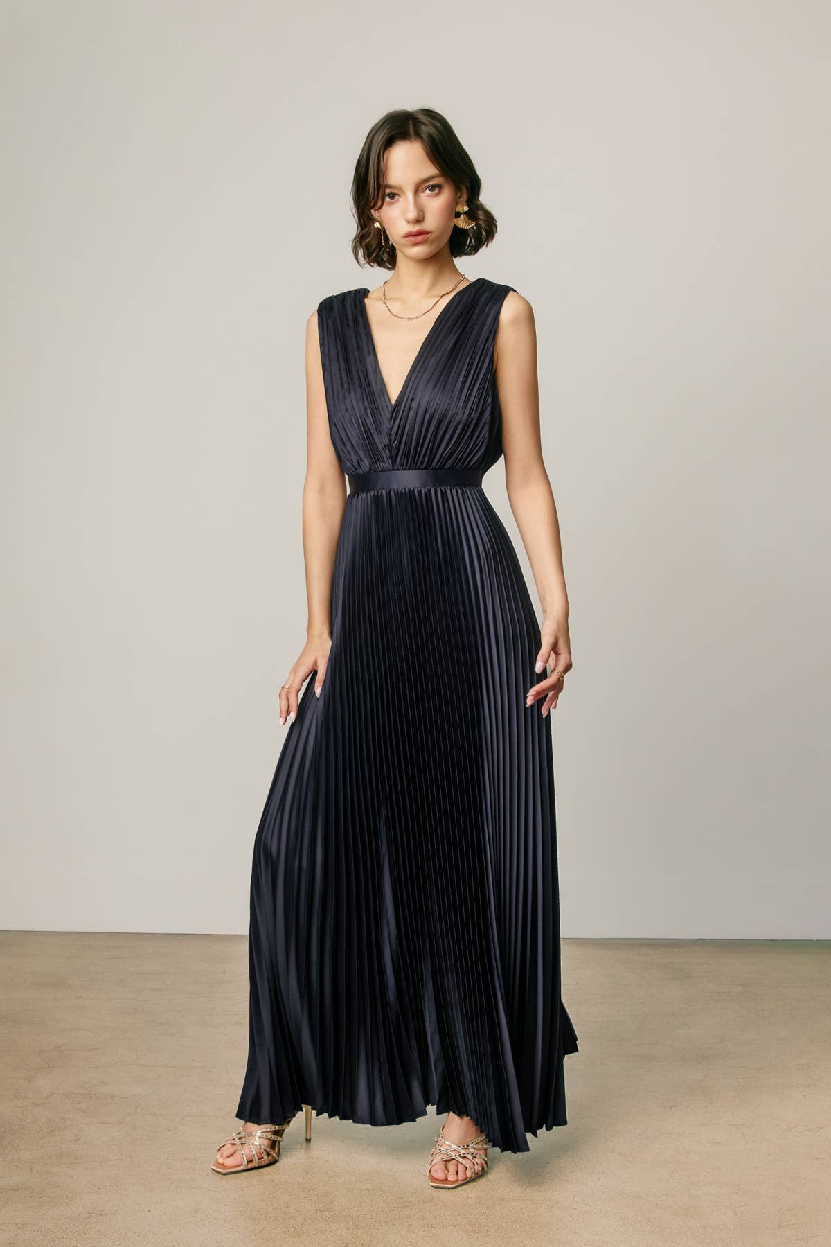 Pleats & Promises Satin V Neck Maxi Dress