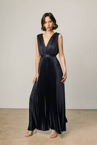 Pleats & Promises Satin V Neck Maxi Dress