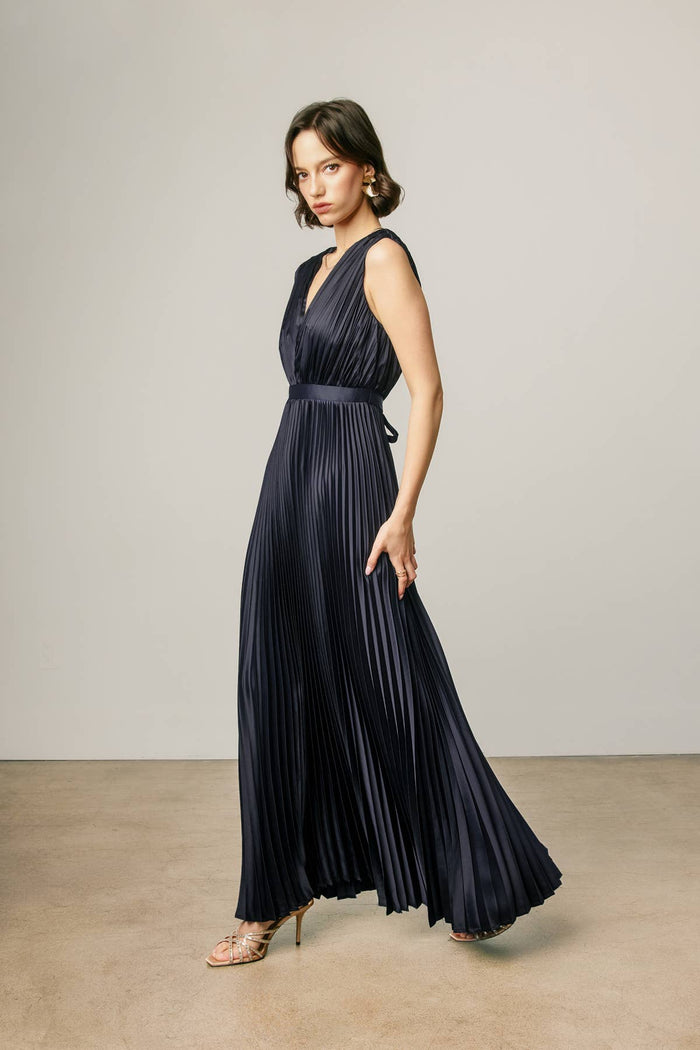 Pleats & Promises Satin V Neck Maxi Dress