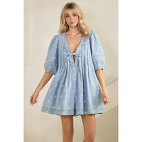 Polka Dot Pleated Denim Romper