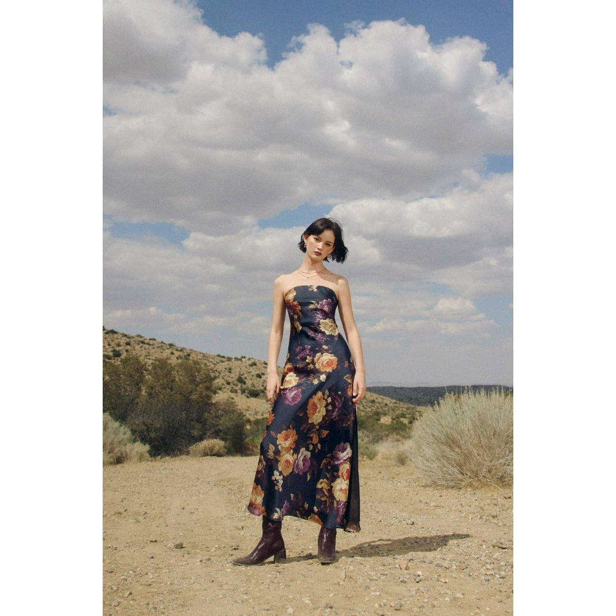 Nightfall Floral Strapless Bias Cut Maxi Dress
