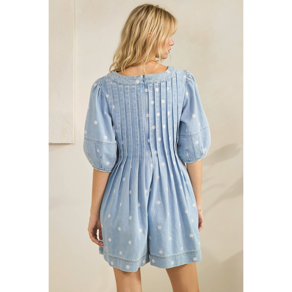 Polka Dot Pleated Denim Romper