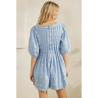 Polka Dot Pleated Denim Romper