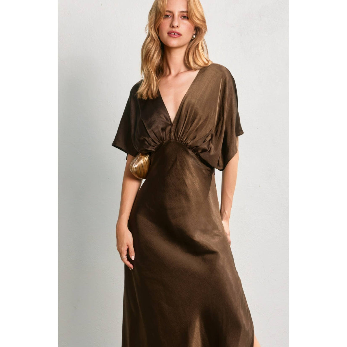 Chocolate Goddess Satin Blouson Maxi Dress