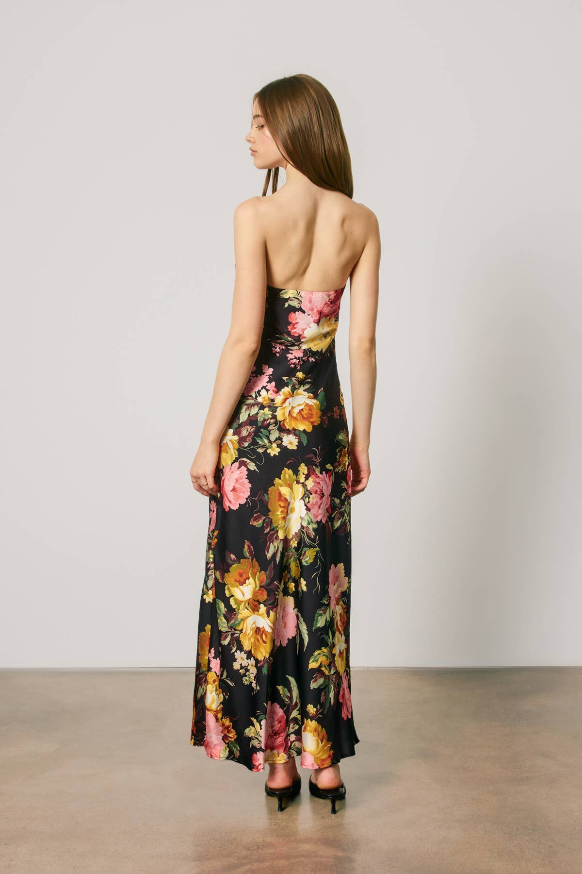 Nightfall Floral Strapless Bias Cut Maxi Dress