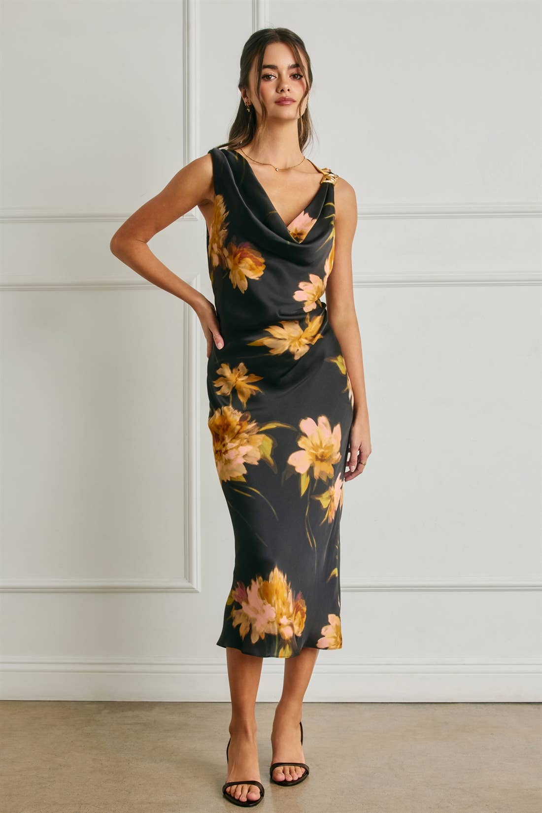 Nightfall Bloom Cowl Ruched Dress