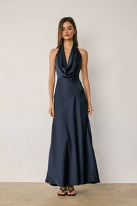 Sallie Satin Draped Halter Neck Maxi Dress