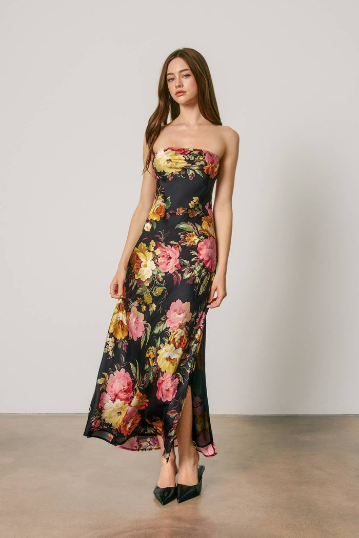 Nightfall Floral Strapless Bias Cut Maxi Dress